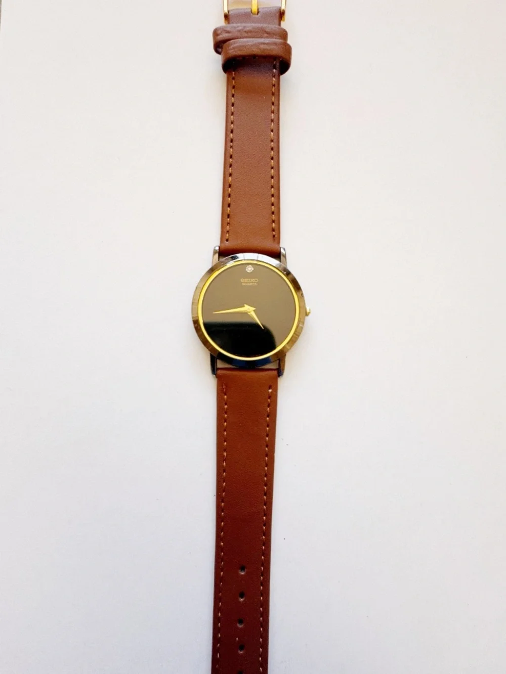 Vintage Seiko Quartz Watch | Gold Tone Mirror Dial | Brown Leather | 34mm